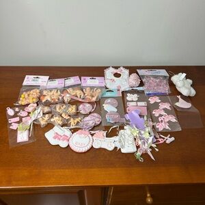 Baby Girl craft scrapbook lot Pink , stickers, bottles lace